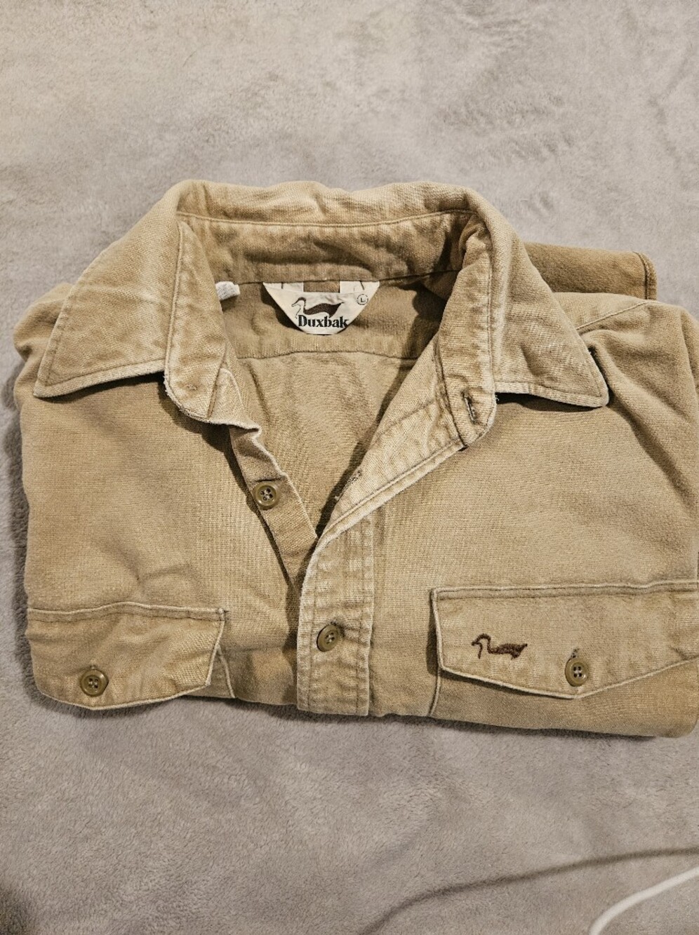 Vintage Duxbak Heavyweight Tan Canvas Duck Embroidered Hunting Field Shirt L